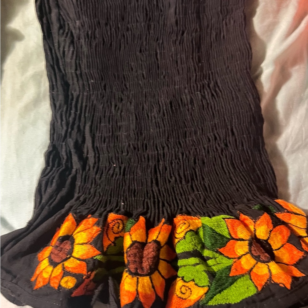 MEXICANA Black Blouse with Orange and Green Floral Embroidery